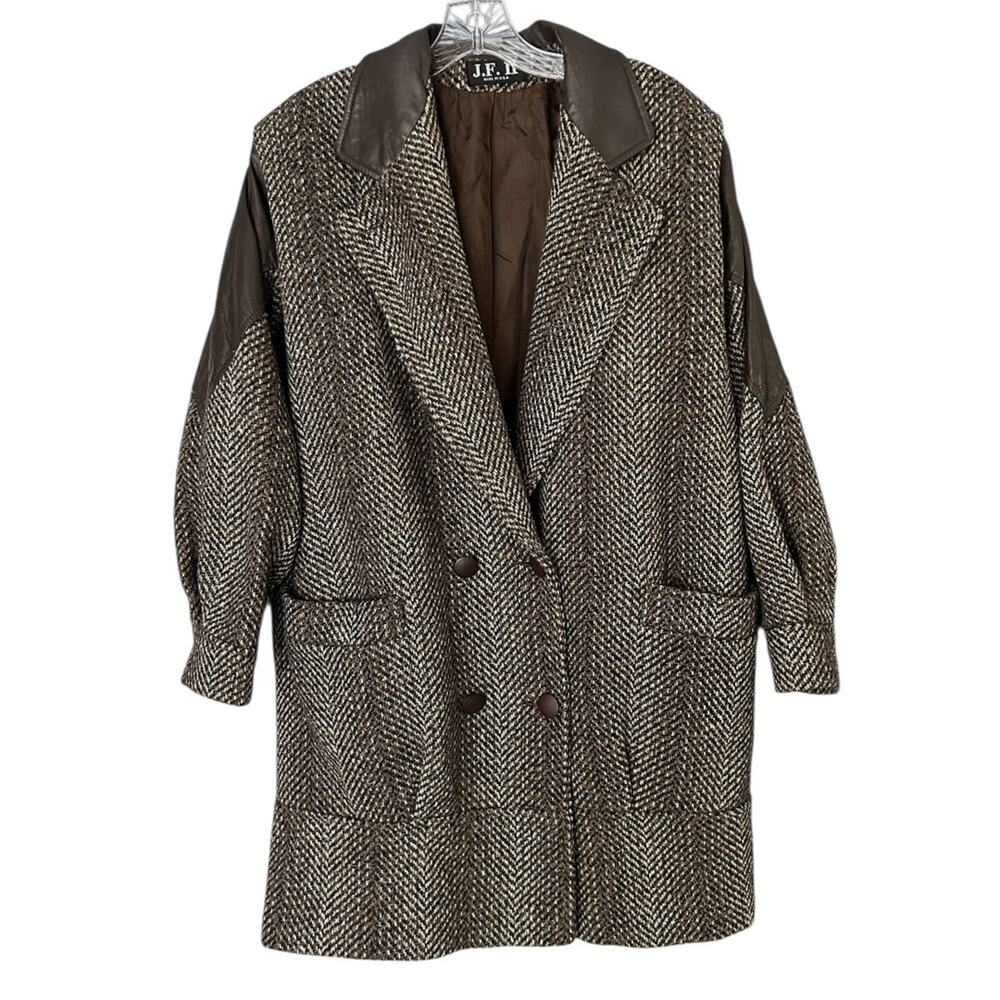 Vintage 80s J.F. II Wool Blend Coat Brown Herringbone Women's 1X USA Oversized